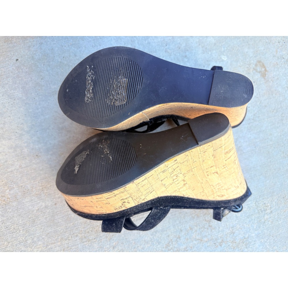 Y2K ShoeDazzle Black Faux Suede Cork Platform Wedge Sandals Ankle Strap Heel - Picture 5 of 5